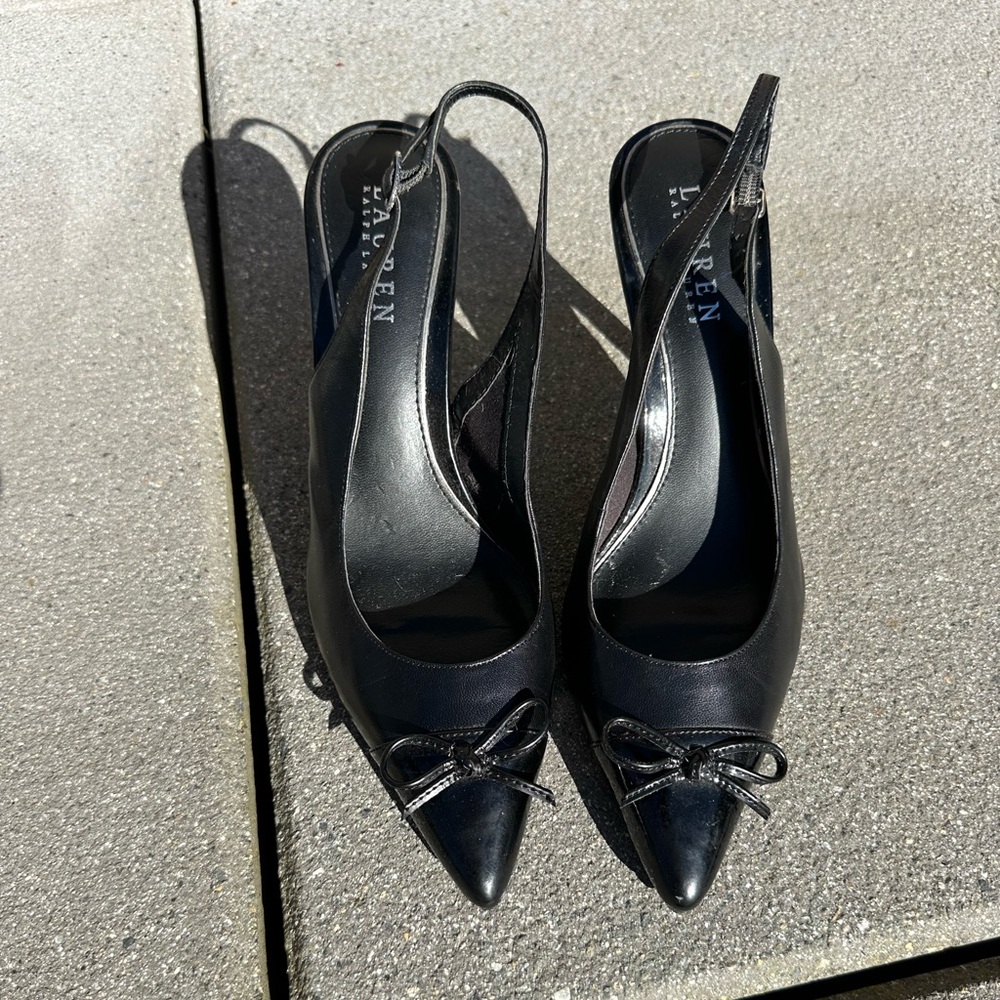 Ralph Lauren Leather Bow Sling Back Kitten Heels - Picture 6 of 12